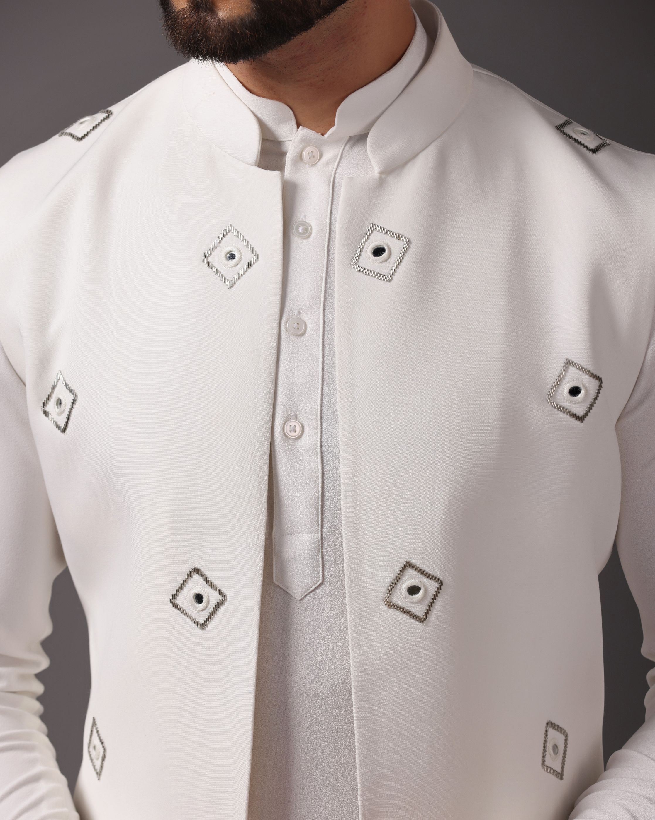 Exquisite Ivory Crepe Nehru Jacket Set: Mirror and Hand Embroidery Elegance