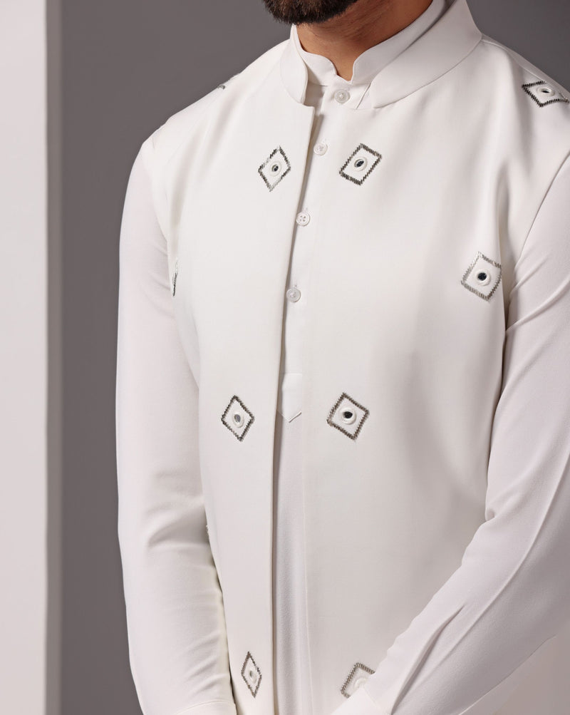 Exquisite Ivory Crepe Nehru Jacket Set: Mirror and Hand Embroidery Elegance