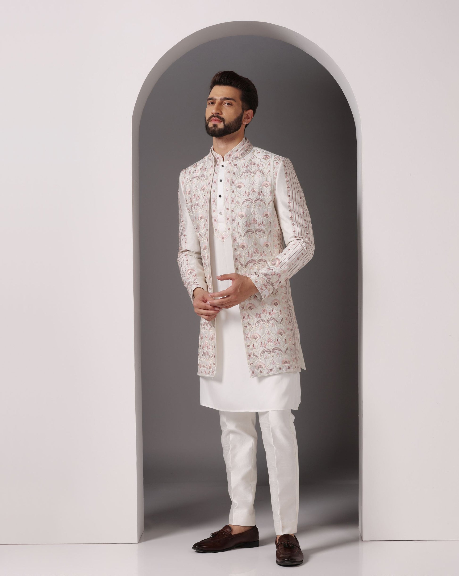Ivory Indo-Western machine and hand embroidery fusion | Bhavya Bhasin Couture