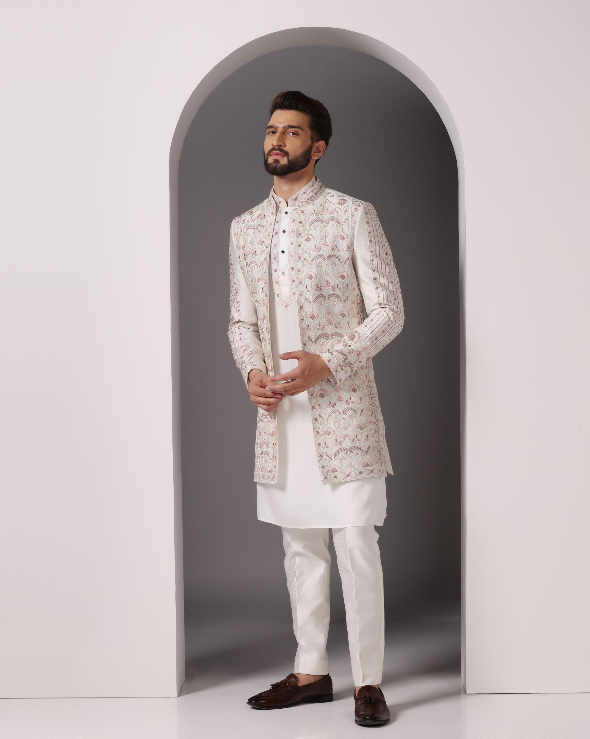 Elegant Fusion: Ivory Indo-Western with Exquisite Machine and Hand Embroidery