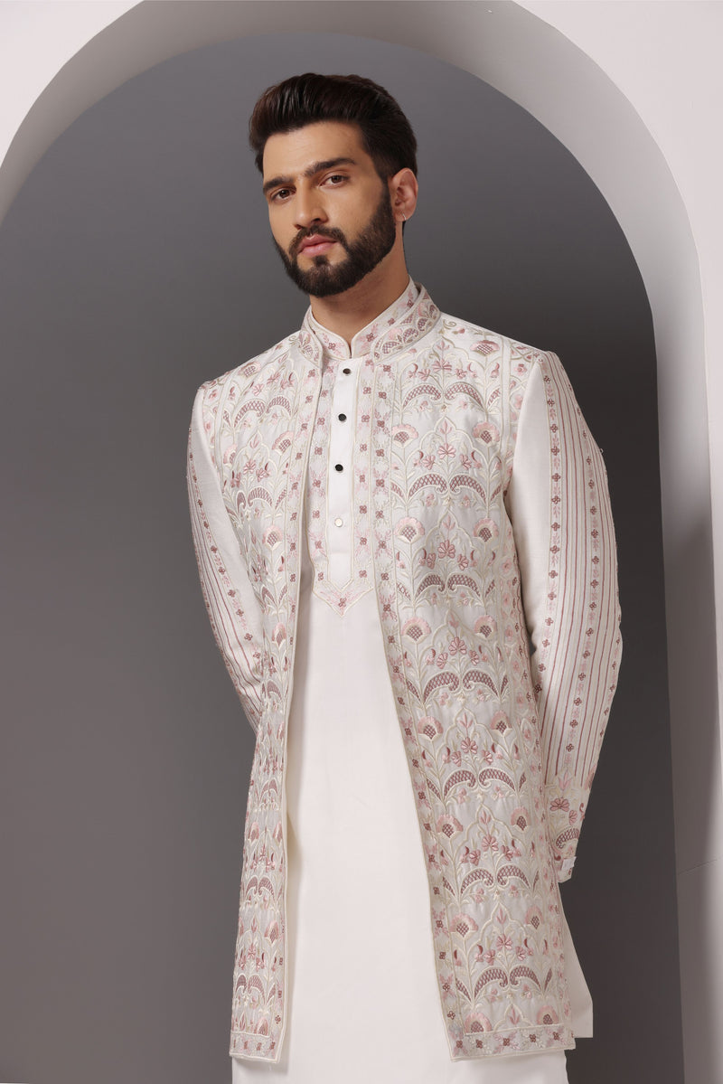Elegant Fusion: Ivory Indo-Western with Exquisite Machine and Hand Embroidery