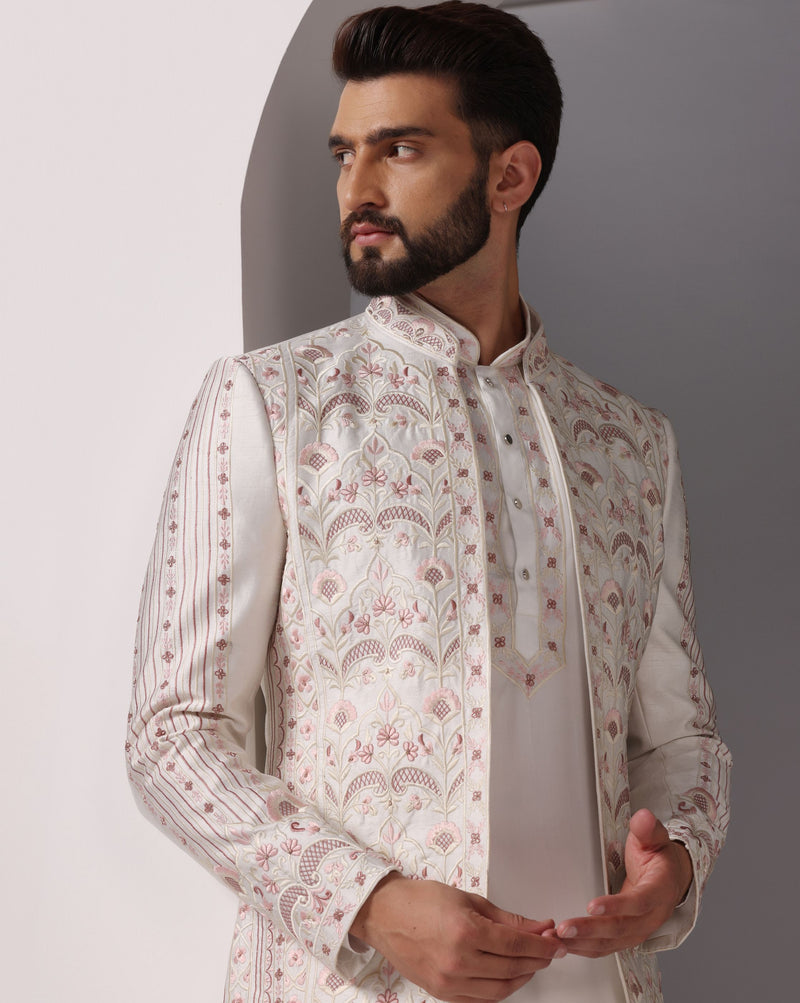 Elegant Fusion: Ivory Indo-Western with Exquisite Machine and Hand Embroidery