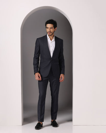 Dark grey suit with pintuck detailing tuxedo lapel | Bhavya Bhasin Couture