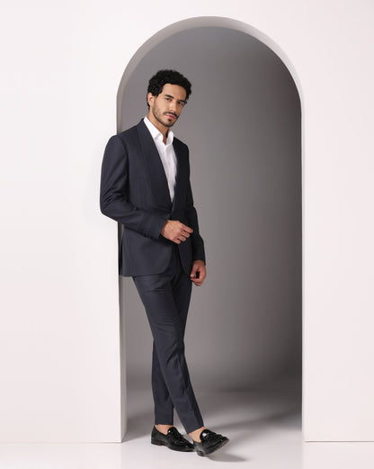 Sapphire Sophistication: Dark Grey Suit with Pintuck Detailing and Tux Lapel