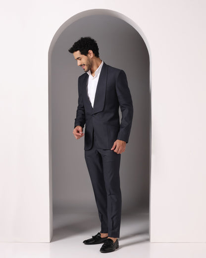 Sapphire Sophistication: Dark Grey Suit with Pintuck Detailing and Tux Lapel