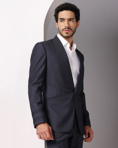 Sapphire Sophistication: Dark Grey Suit with Pintuck Detailing and Tux Lapel