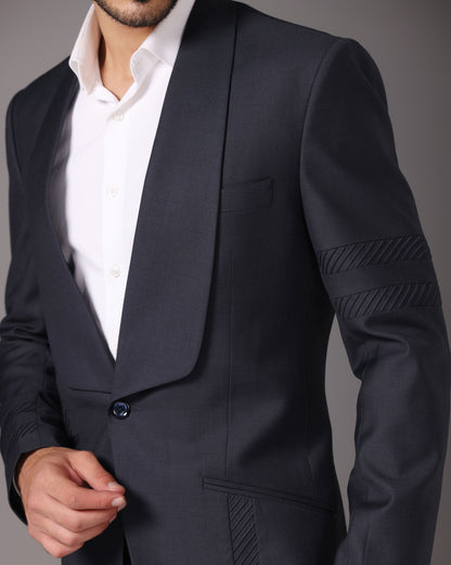 Sapphire Sophistication: Dark Grey Suit with Pintuck Detailing and Tux Lapel
