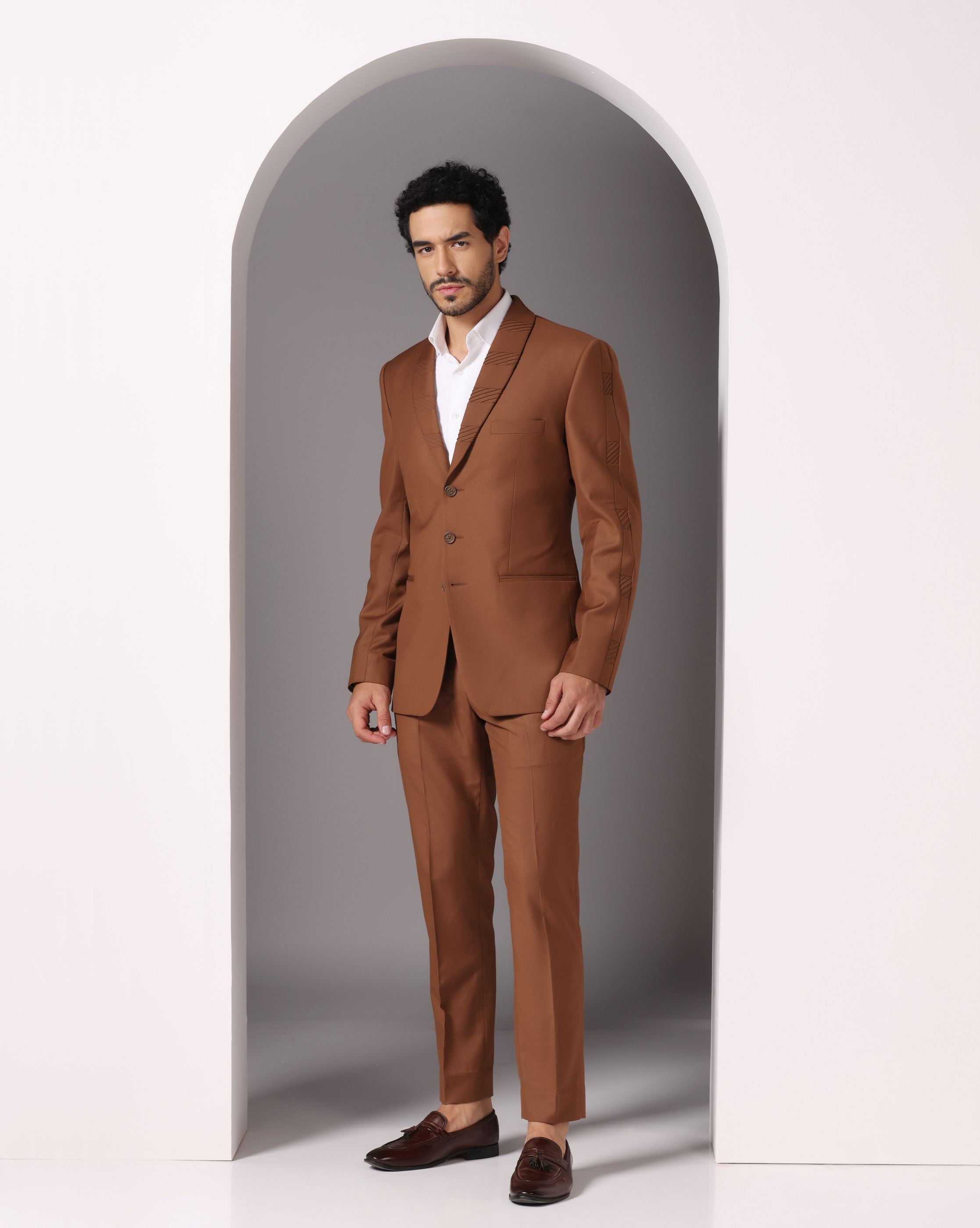 Elevated Classic: Brown Suit with Subtle Pintuck Detailing