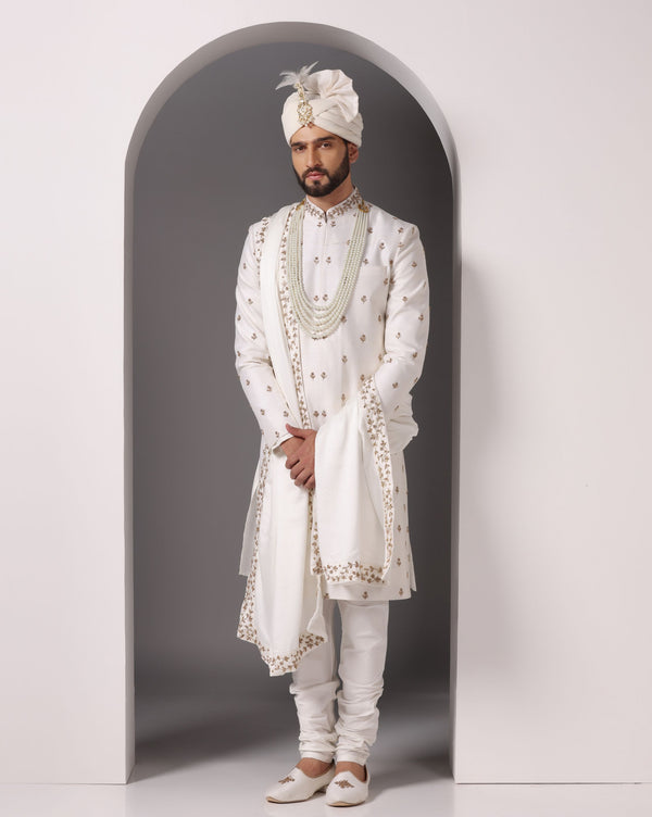 Ivory Splendor: Sherwani with Antique Gold Hand Embroidery