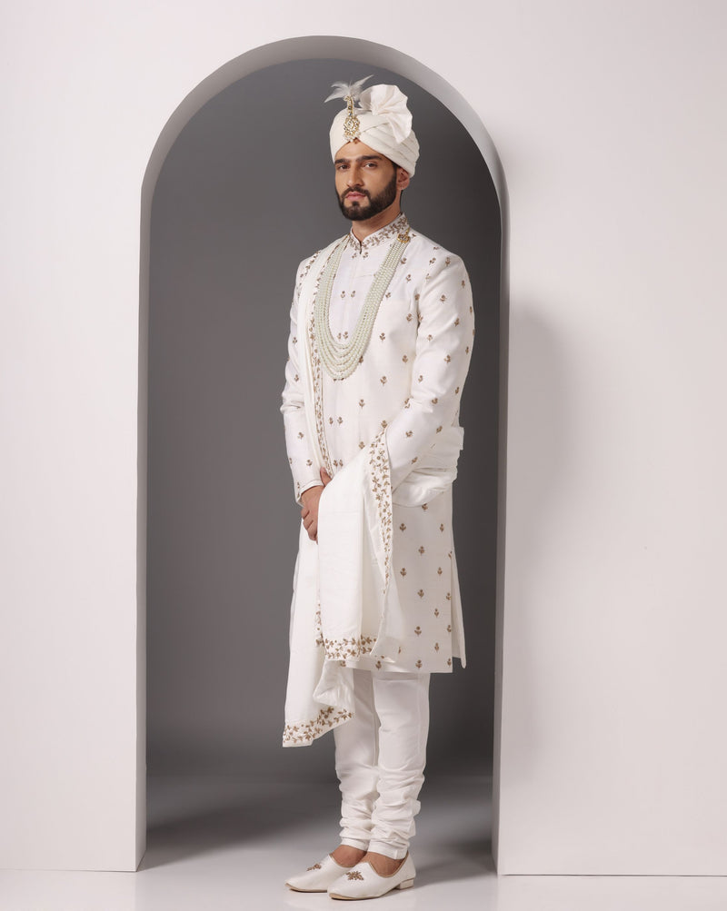 Ivory Splendor: Sherwani with Antique Gold Hand Embroidery