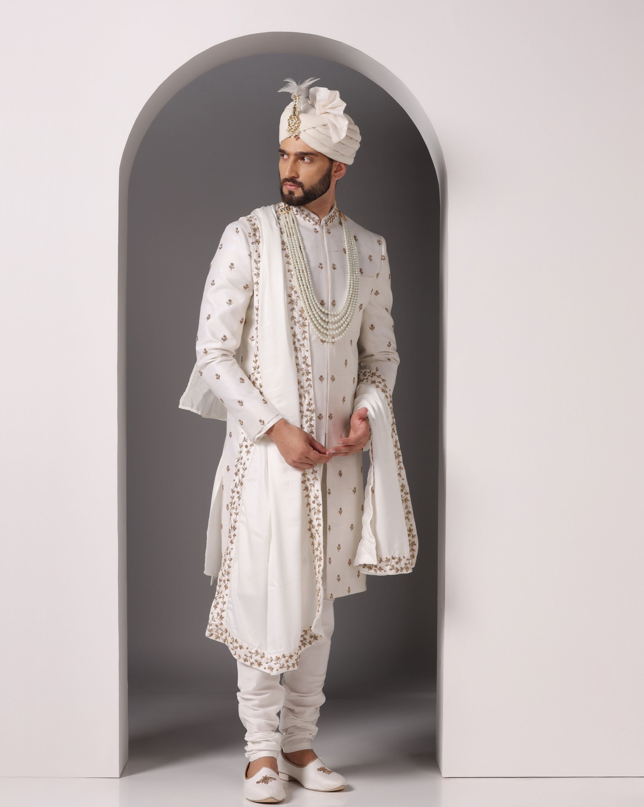 Ivory Splendor: Sherwani with Antique Gold Hand Embroidery