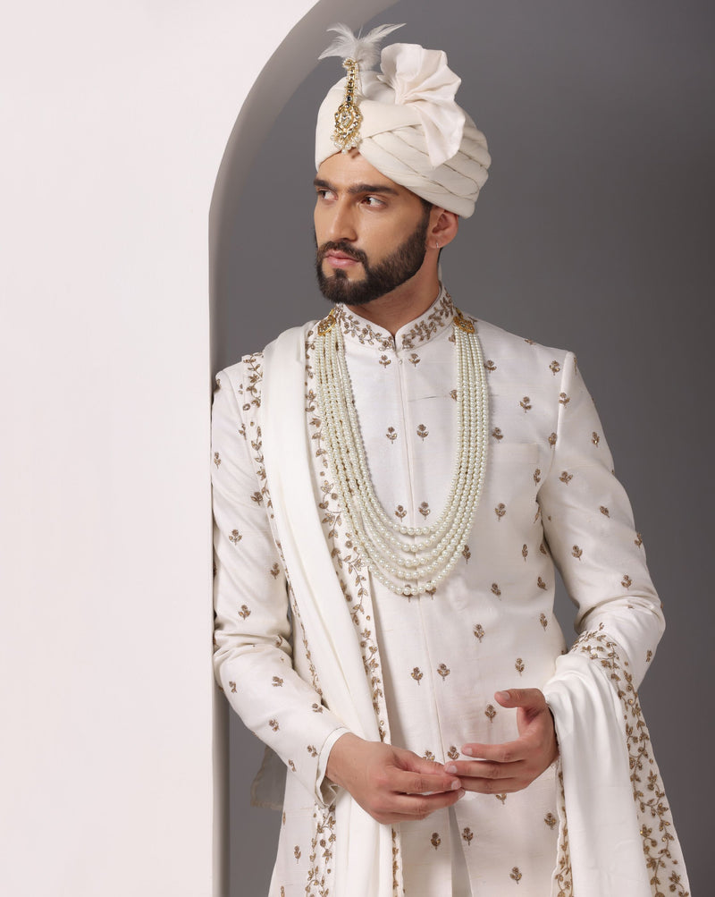 Ivory Splendor: Sherwani with Antique Gold Hand Embroidery