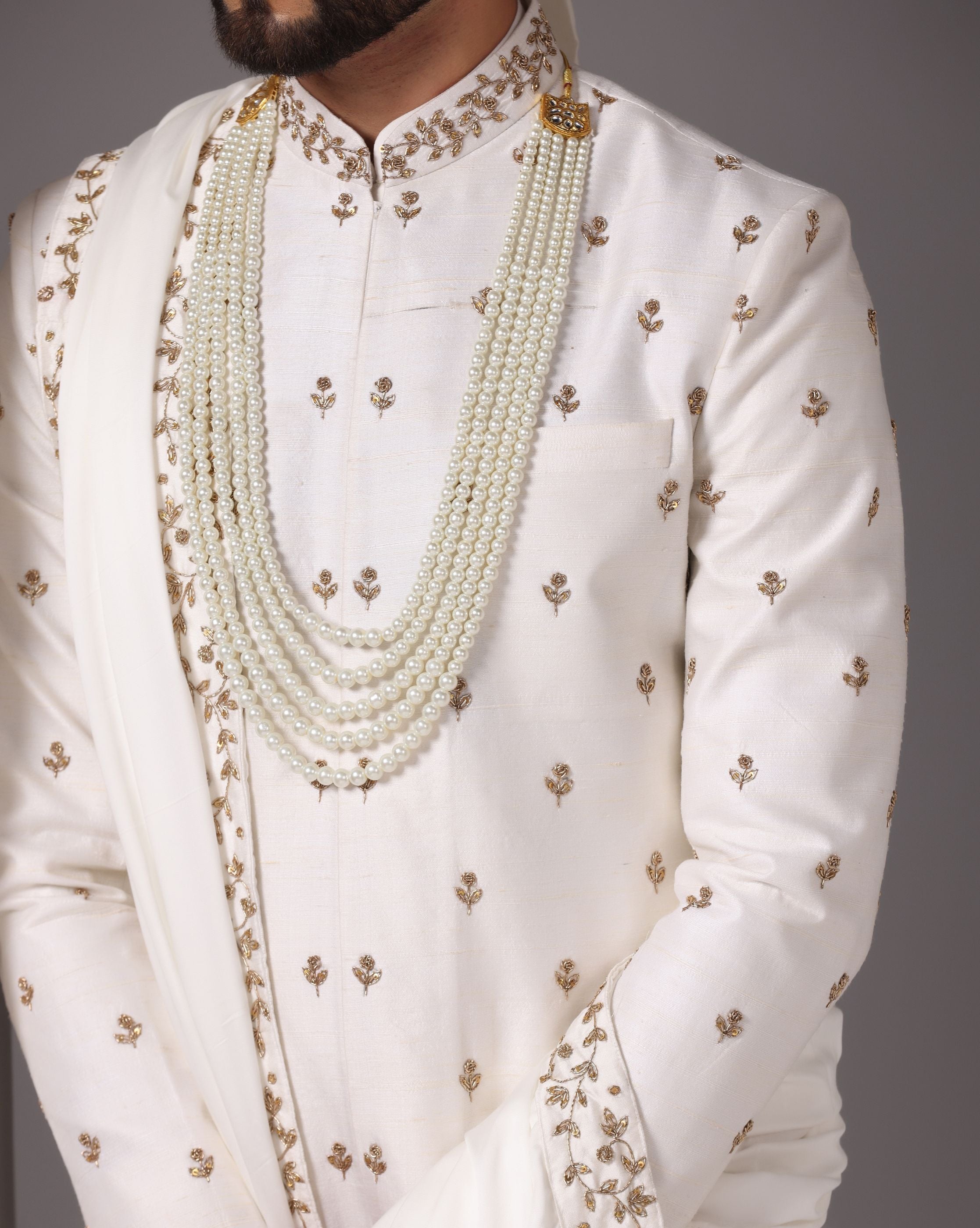 Ivory Splendor: Sherwani with Antique Gold Hand Embroidery