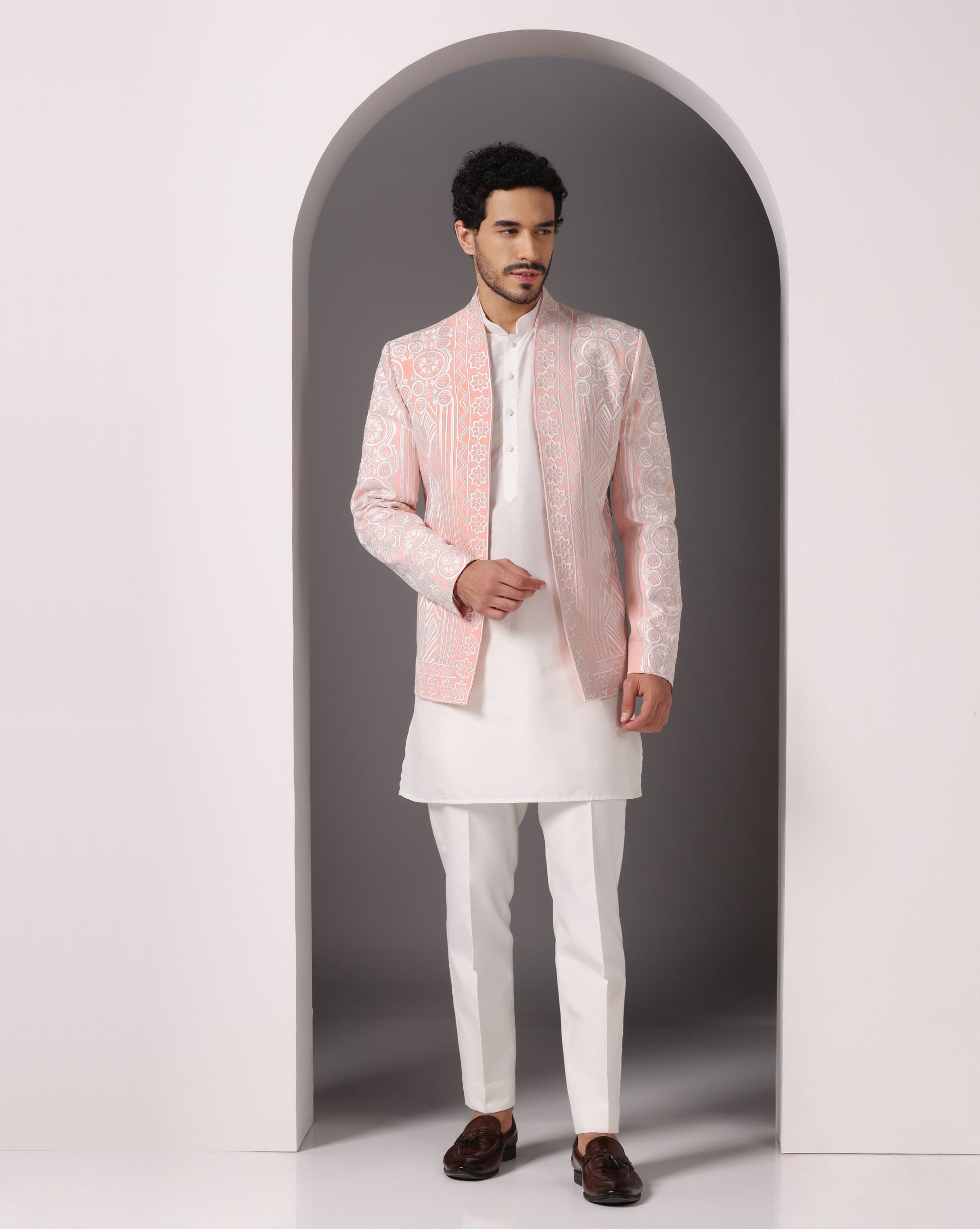 Peach blossom embroidered open jacket with ivory ensemble | Bhavya Bhasin Couture