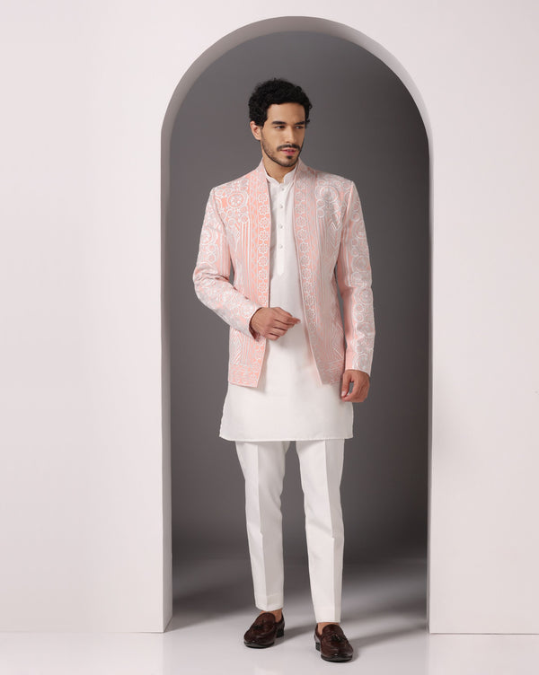 Peach Blossom: Embroidered Open Jacket with Ivory Ensemble