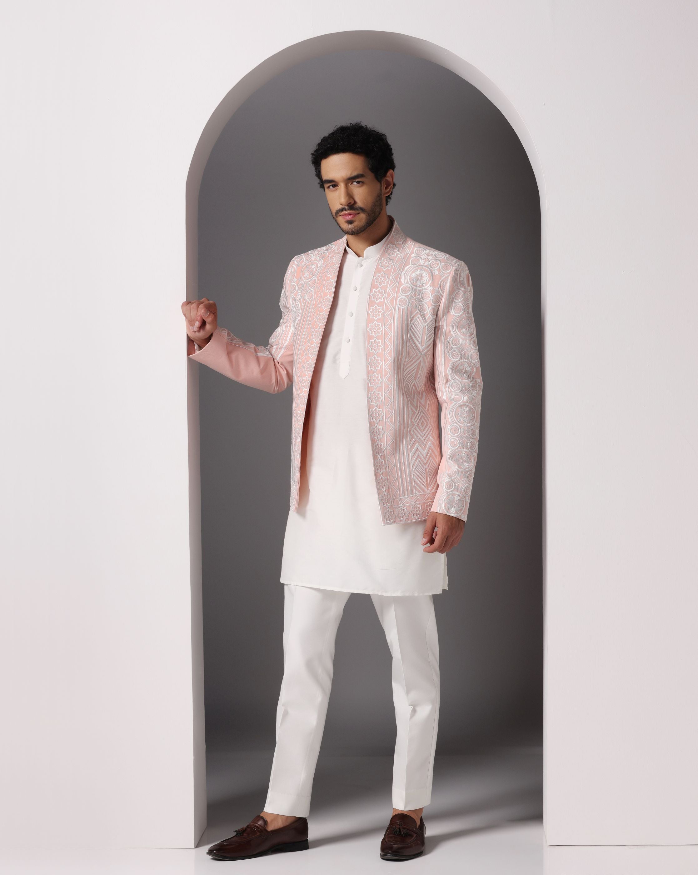 Peach Blossom: Embroidered Open Jacket with Ivory Ensemble