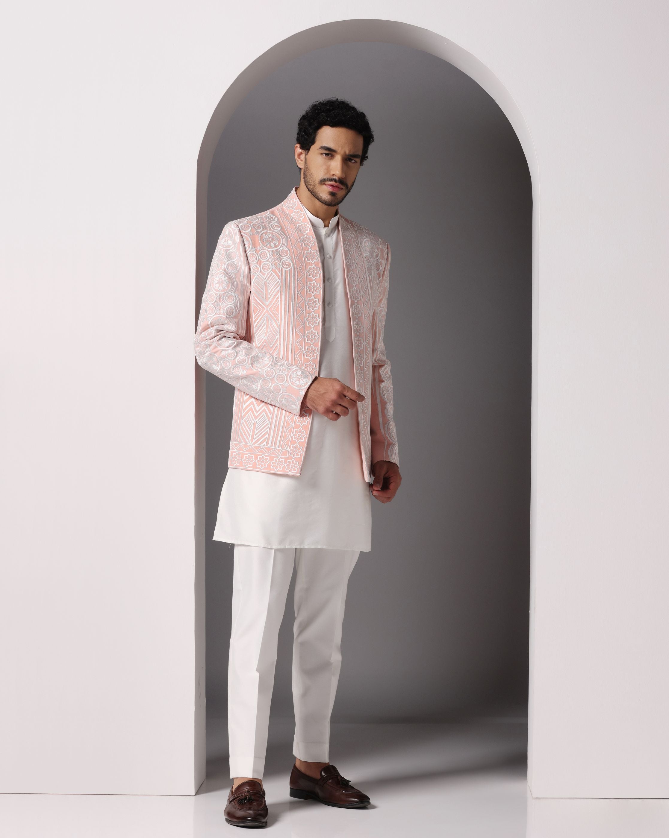 Peach Blossom: Embroidered Open Jacket with Ivory Ensemble