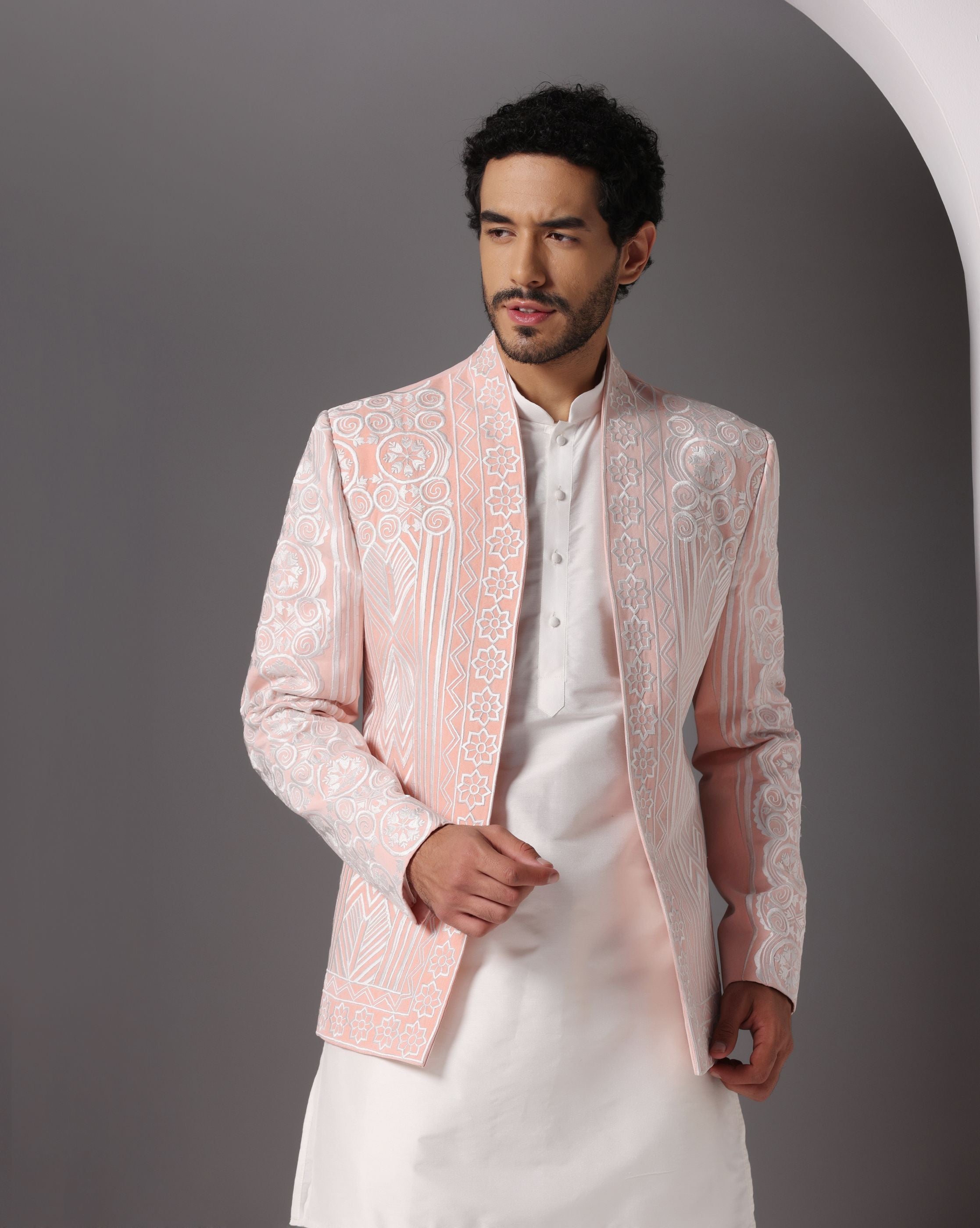 Peach Blossom: Embroidered Open Jacket with Ivory Ensemble