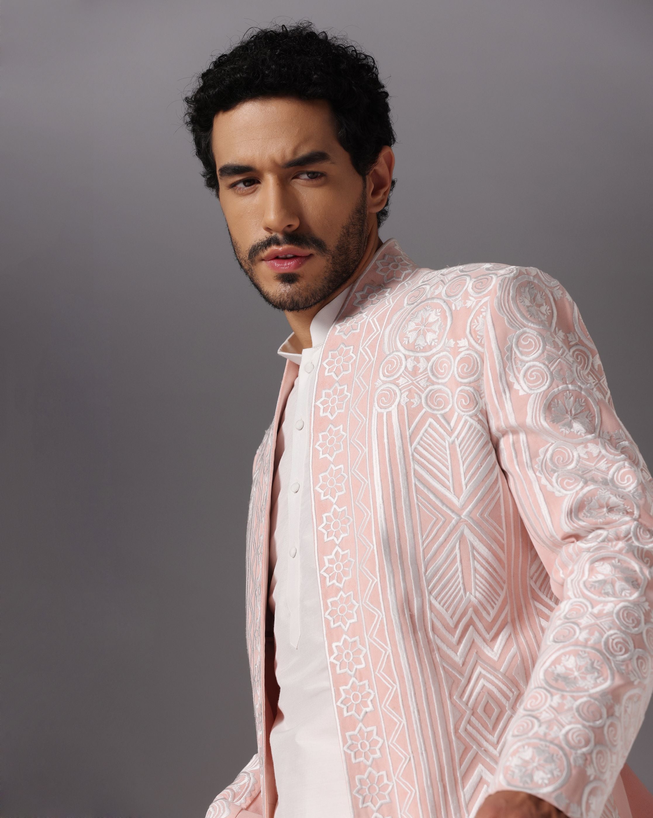 Peach Blossom: Embroidered Open Jacket with Ivory Ensemble