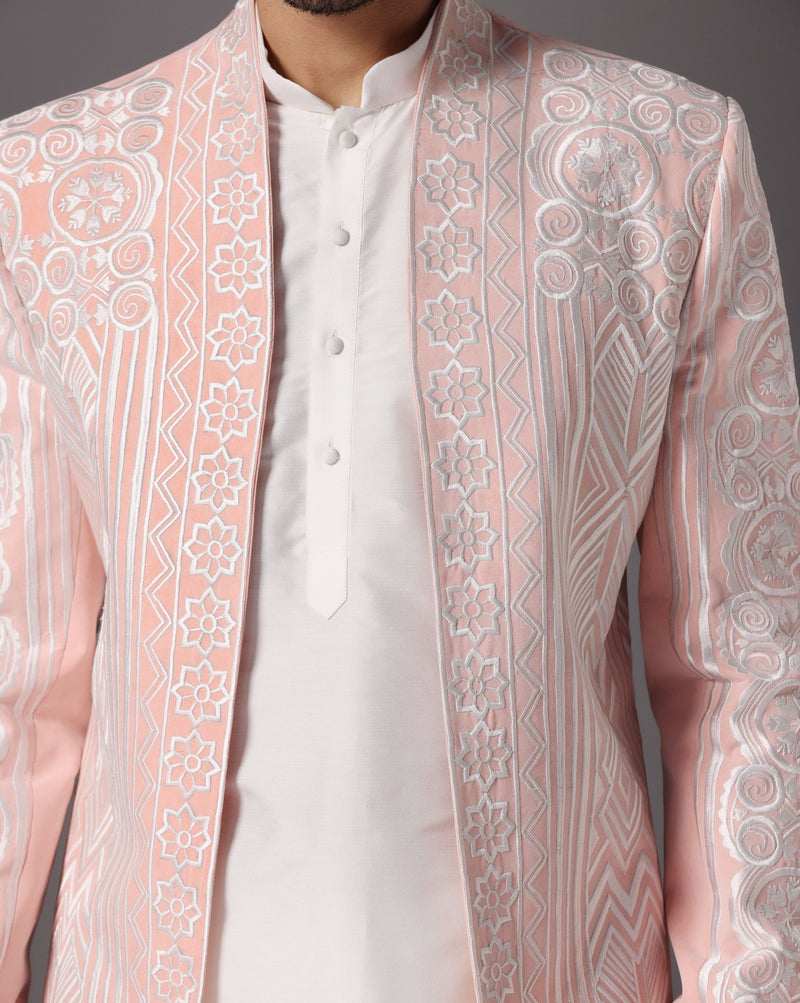 Peach Blossom: Embroidered Open Jacket with Ivory Ensemble
