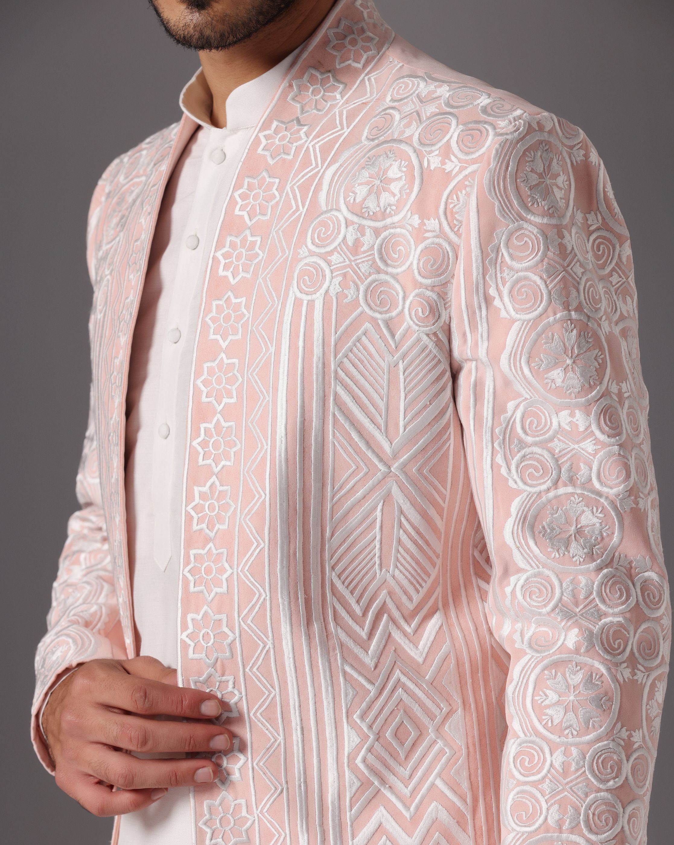 Peach Blossom: Embroidered Open Jacket with Ivory Ensemble