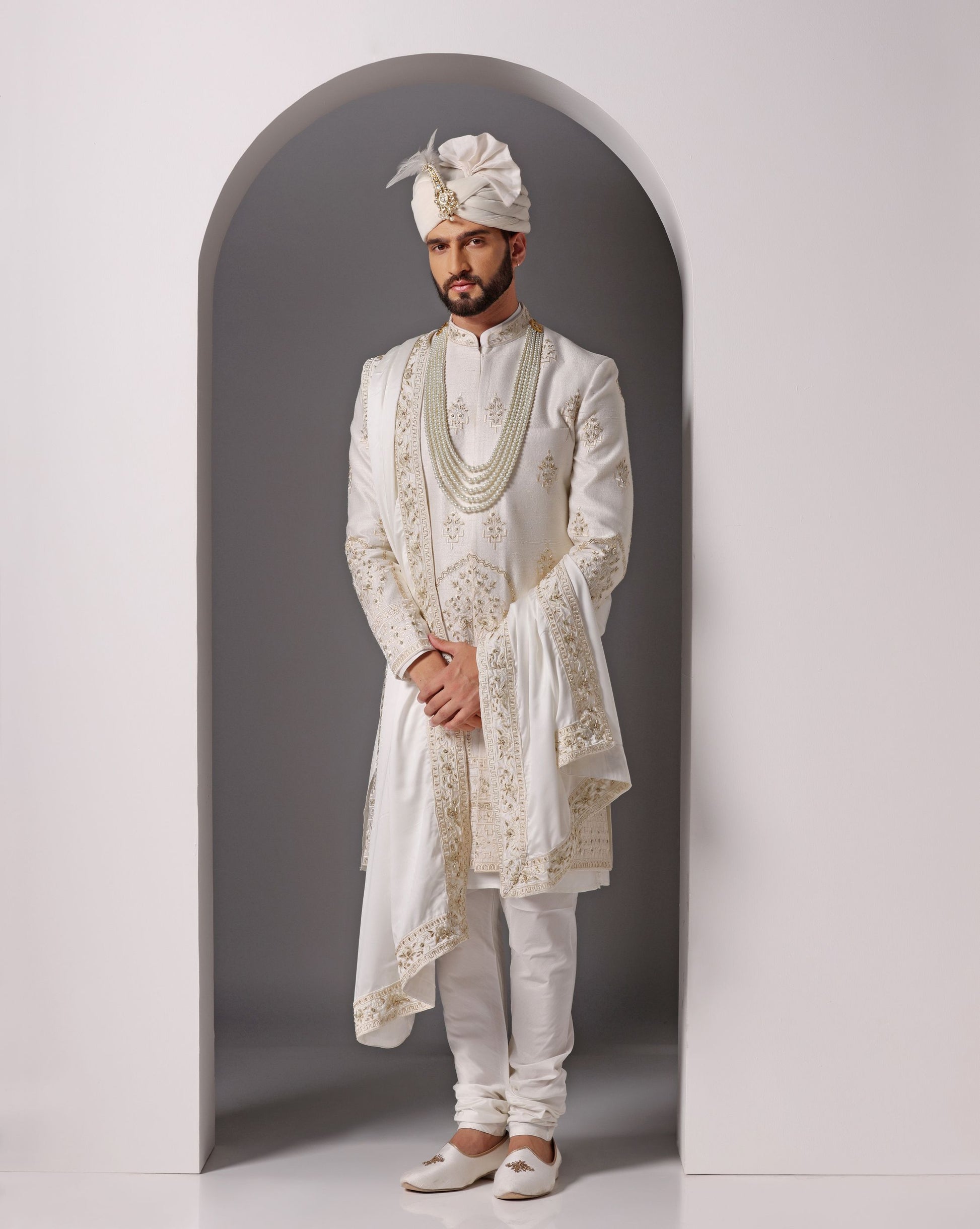 Golden monotone tone-on-tone hand embroidered sherwani | Bhavya Bhasin Couture