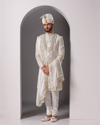 Golden monotone tone-on-tone hand embroidered sherwani | Bhavya Bhasin Couture