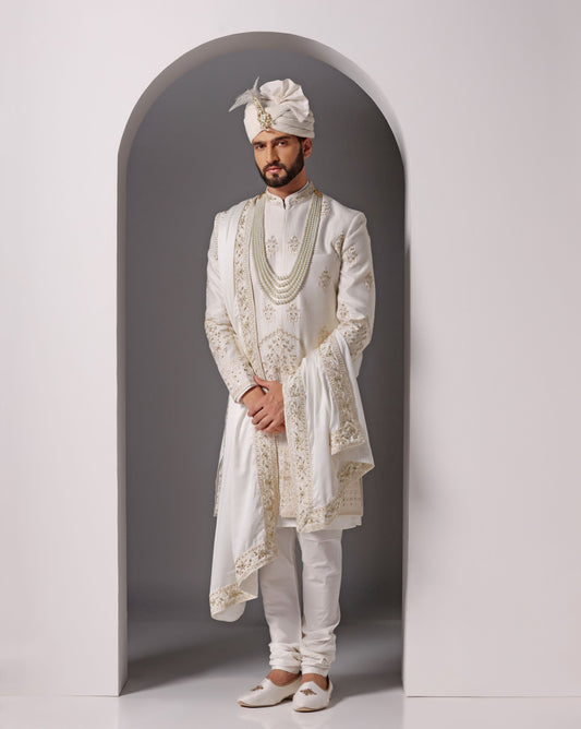 Golden monotone tone-on-tone hand embroidered sherwani | Bhavya Bhasin Couture