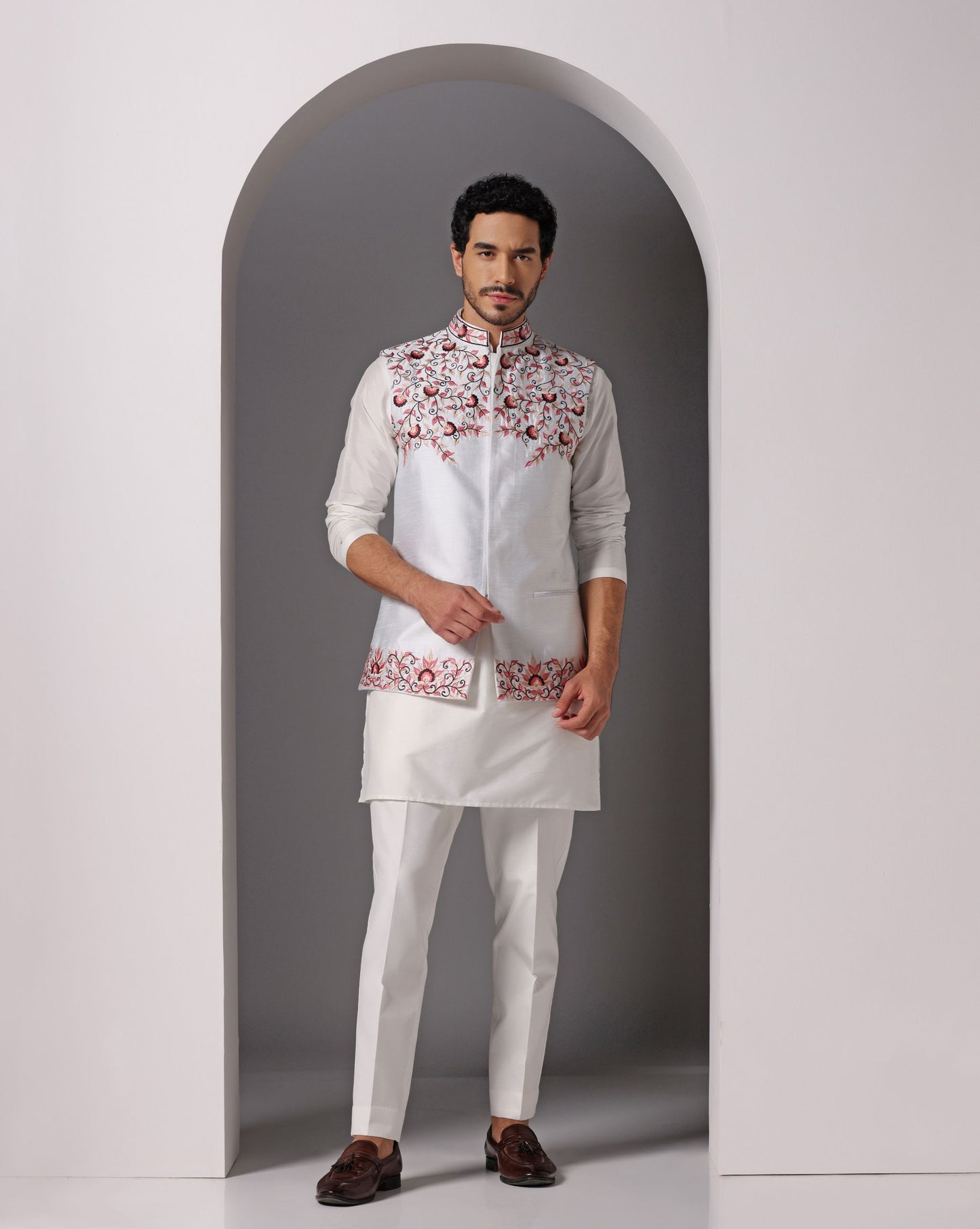 Ivory Dupion Nehru jacket with thread embroidery set | Bhavya Bhasin Couture