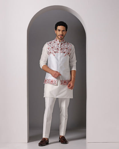 Ivory Dupion Nehru jacket with thread embroidery set | Bhavya Bhasin Couture