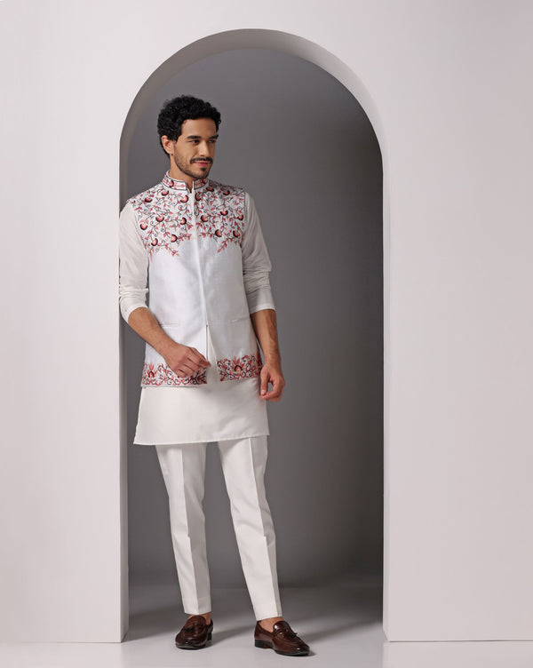 Ivory Elegance: Dupion Nehru Jacket with Thread Embroidery Set