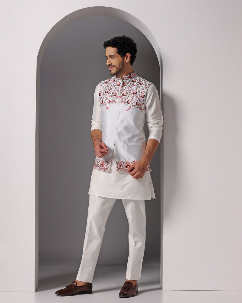 Ivory Elegance: Dupion Nehru Jacket with Thread Embroidery Set