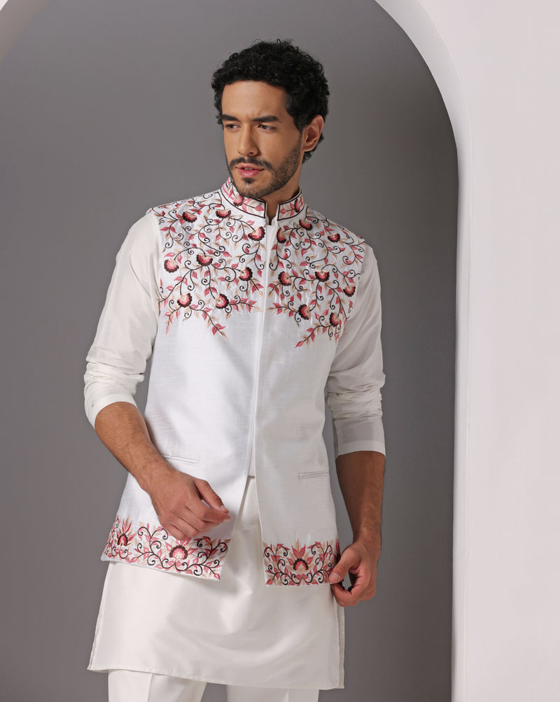 Ivory Elegance: Dupion Nehru Jacket with Thread Embroidery Set