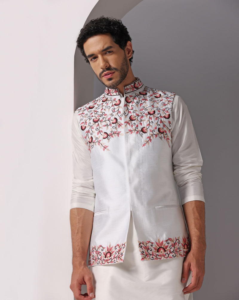 Ivory Elegance: Dupion Nehru Jacket with Thread Embroidery Set