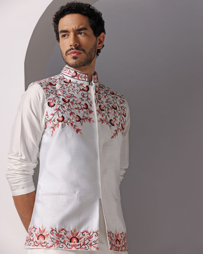 Ivory Elegance: Dupion Nehru Jacket with Thread Embroidery Set