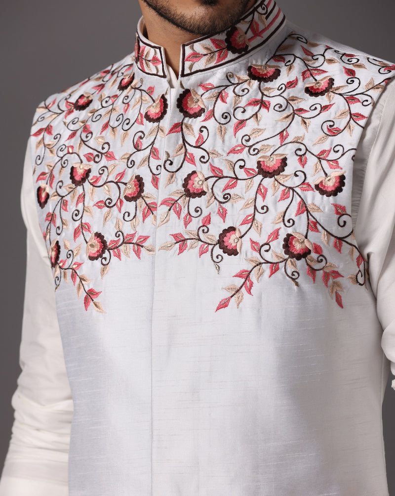 Ivory Elegance: Dupion Nehru Jacket with Thread Embroidery Set