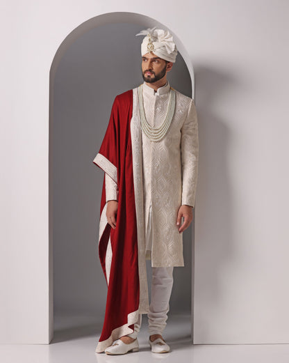 Ivory tone-on-tone hand embroidered groom sherwani | Bhavya Bhasin Couture
