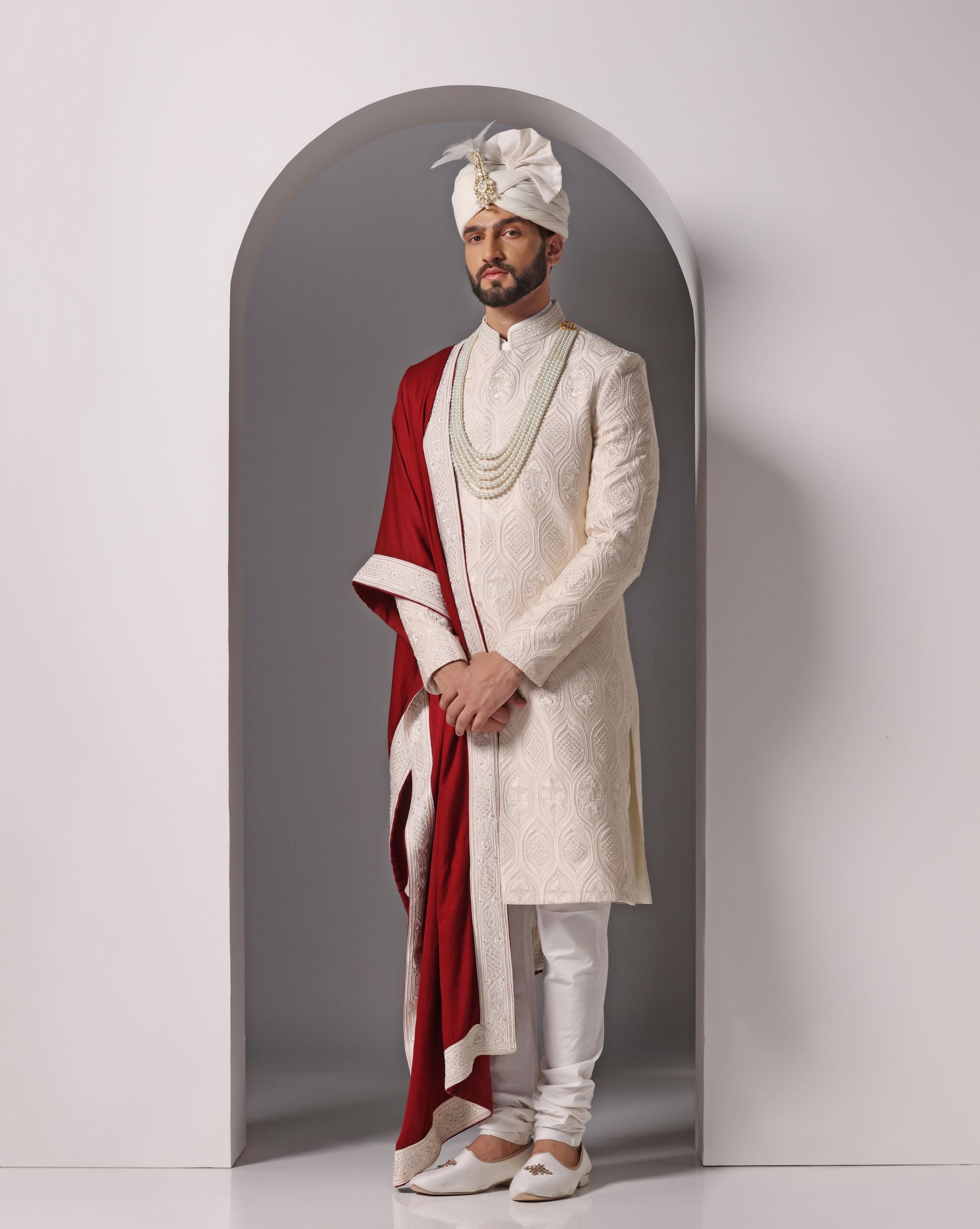 Ivory Elegance: Sherwani with Subtle Tone-on-Tone Hand Embroidery