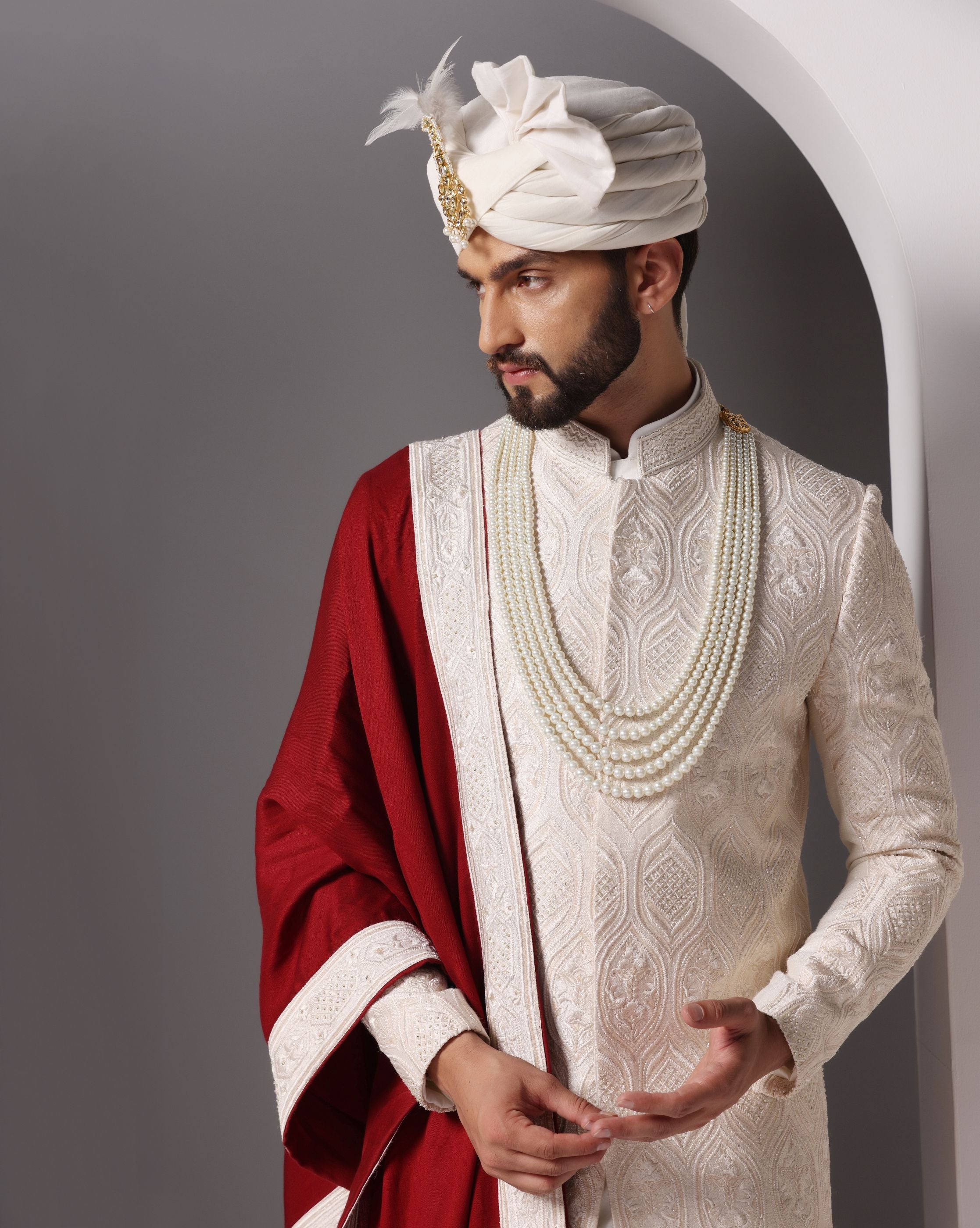 Ivory Elegance: Sherwani with Subtle Tone-on-Tone Hand Embroidery