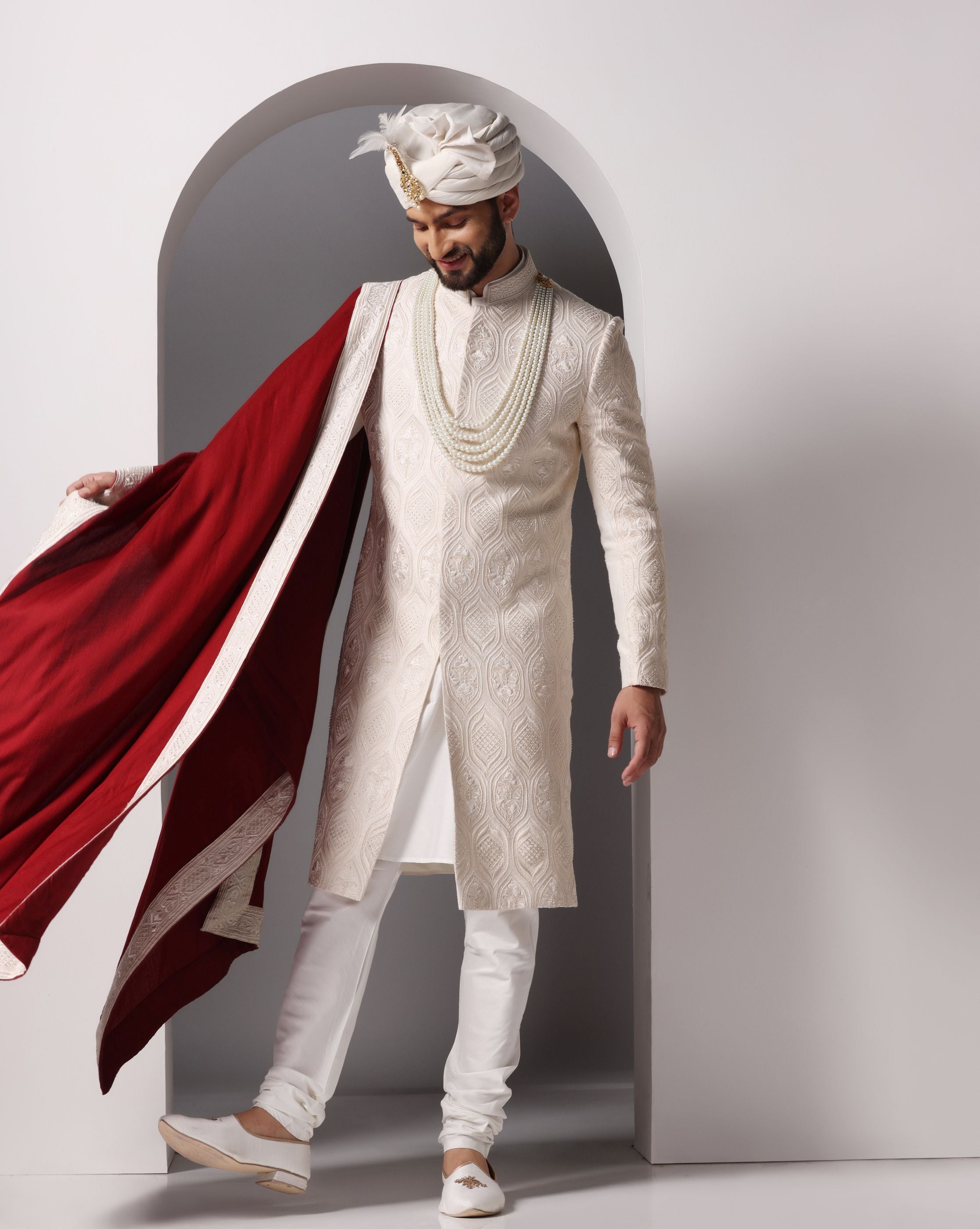 Ivory Elegance: Sherwani with Subtle Tone-on-Tone Hand Embroidery