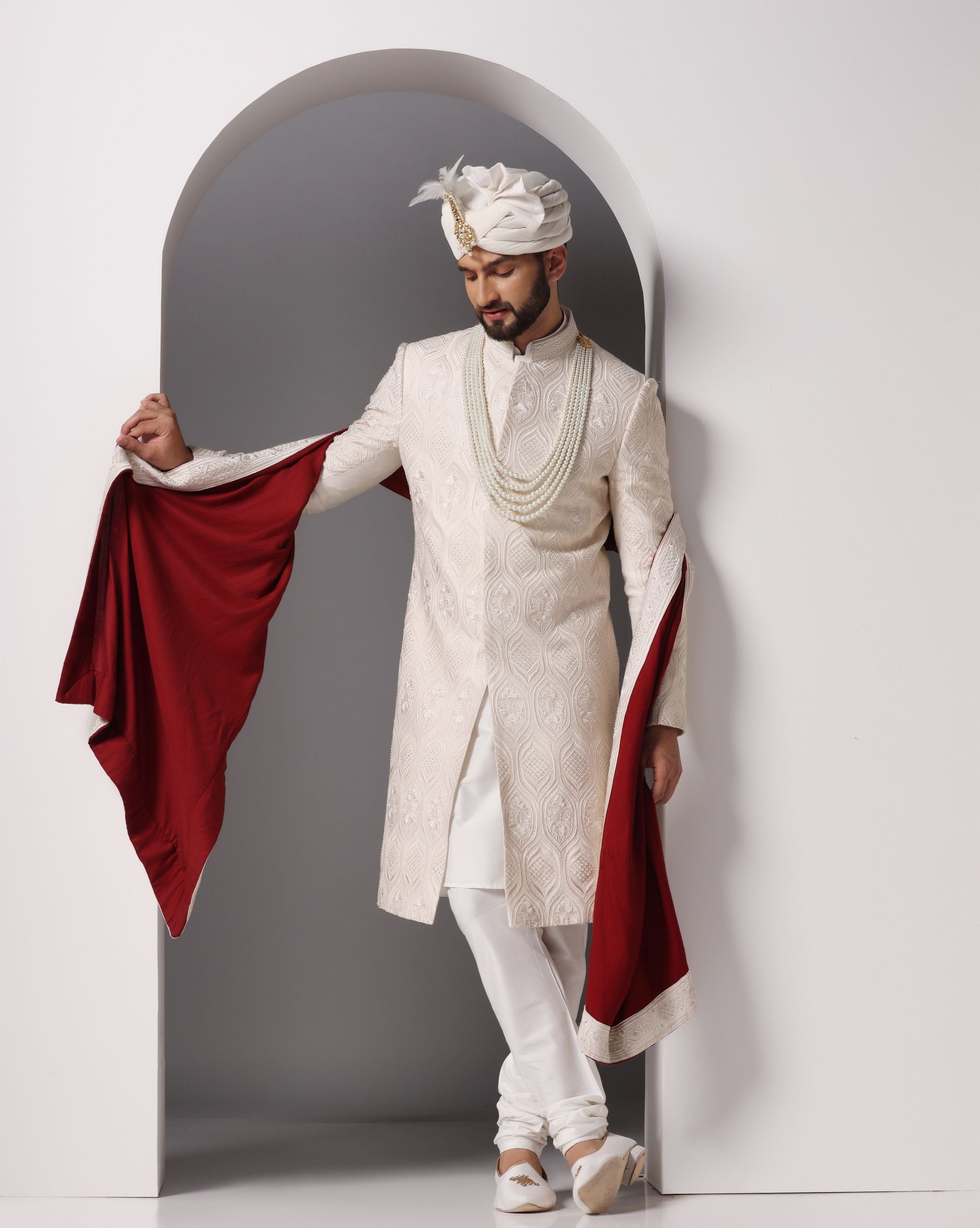 Ivory Elegance: Sherwani with Subtle Tone-on-Tone Hand Embroidery