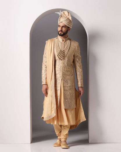 Gold embroidered sherwani with Anarkali kurta | Bhavya Bhasin Couture