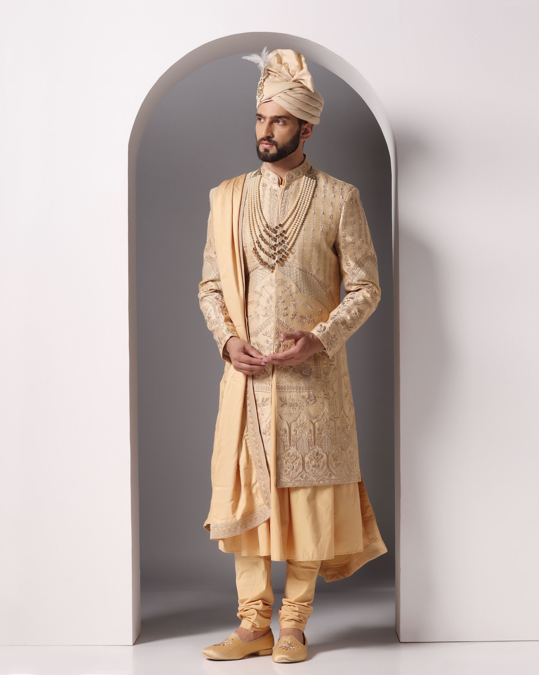 Golden Elegance: Embroidered Sherwani with Gold Anarkali Kurta