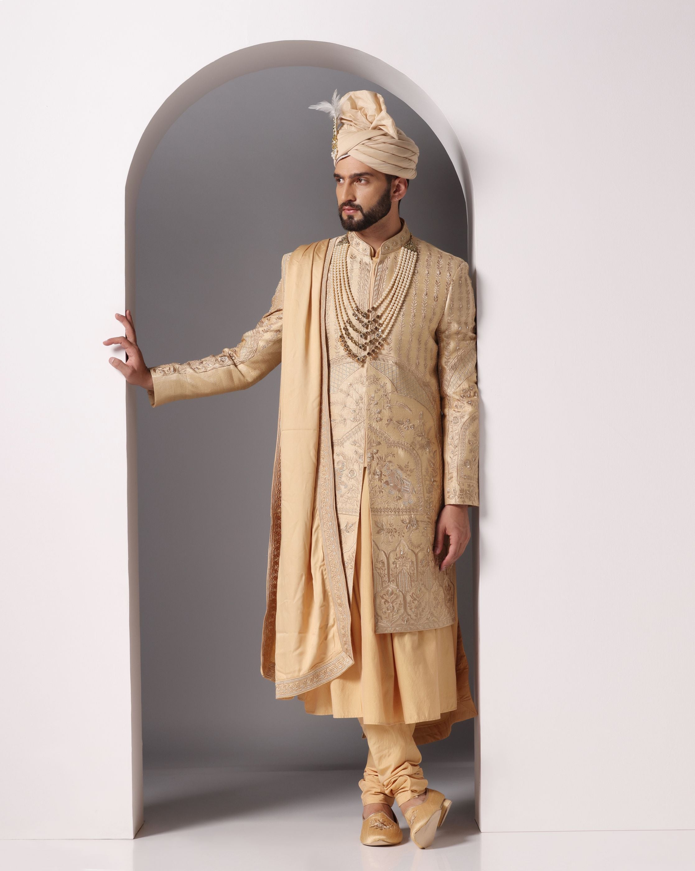 Golden Elegance: Embroidered Sherwani with Gold Anarkali Kurta