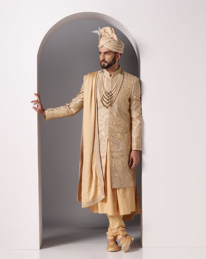 Golden Elegance: Embroidered Sherwani with Gold Anarkali Kurta