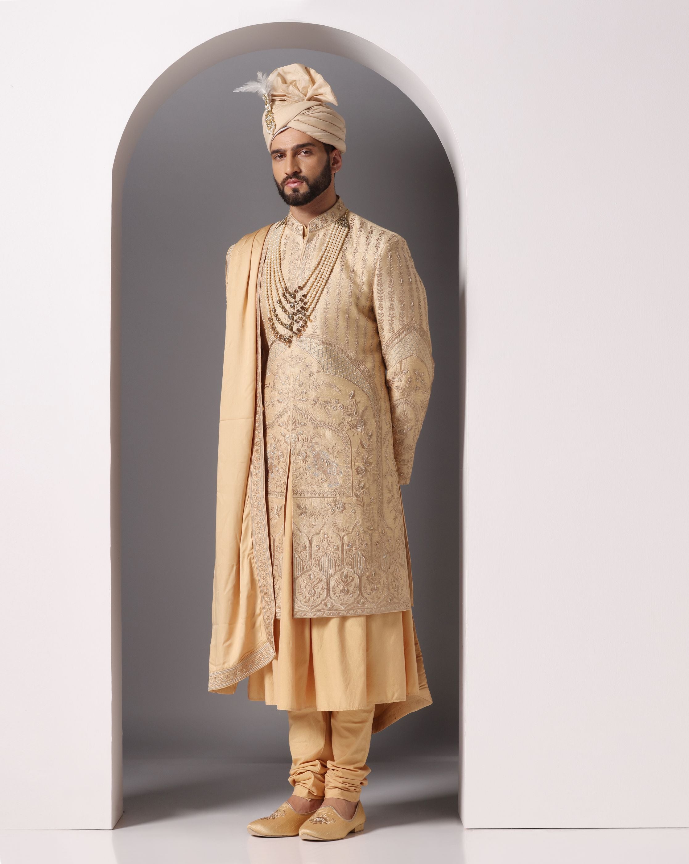 Golden Elegance: Embroidered Sherwani with Gold Anarkali Kurta