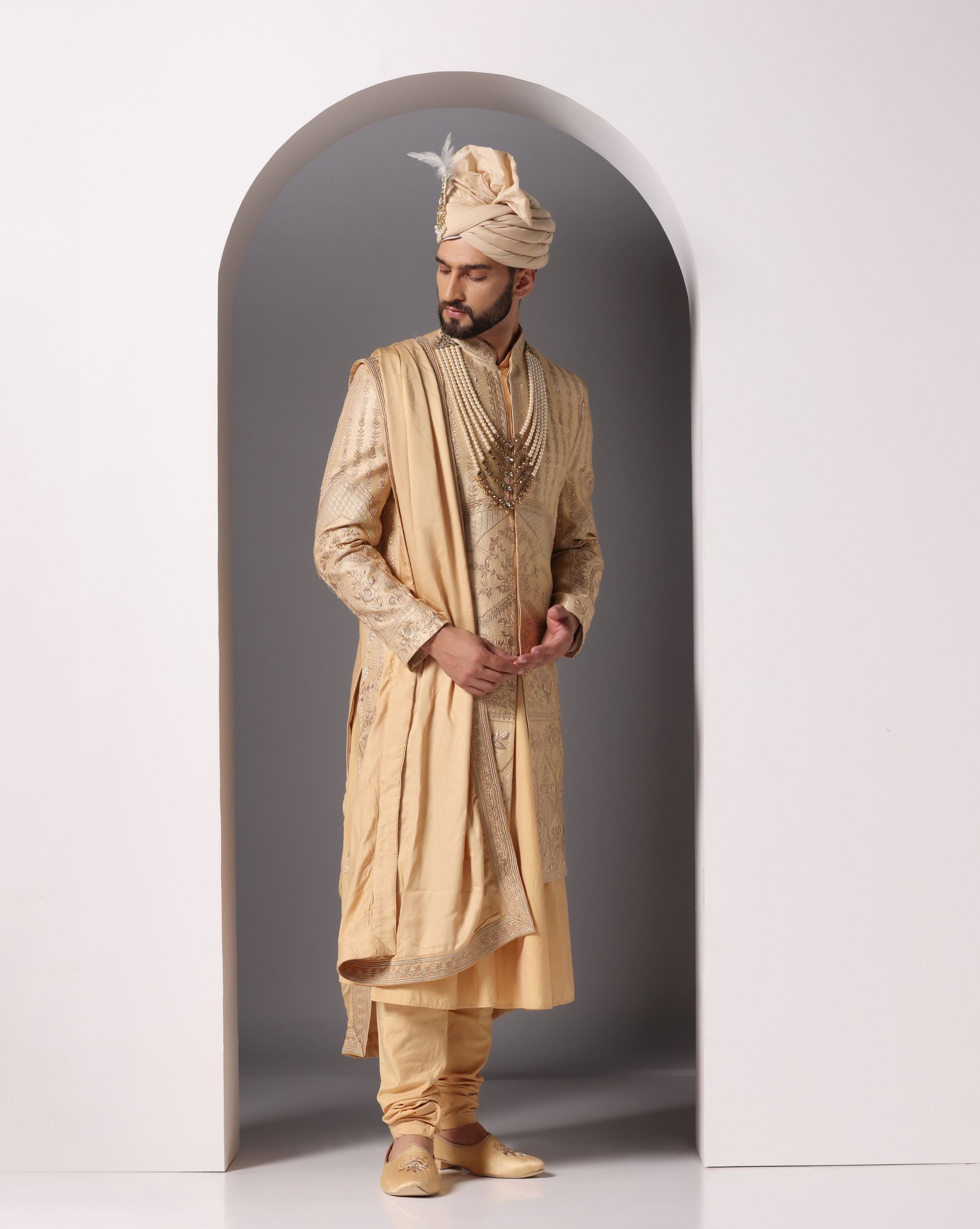 Golden Elegance: Embroidered Sherwani with Gold Anarkali Kurta