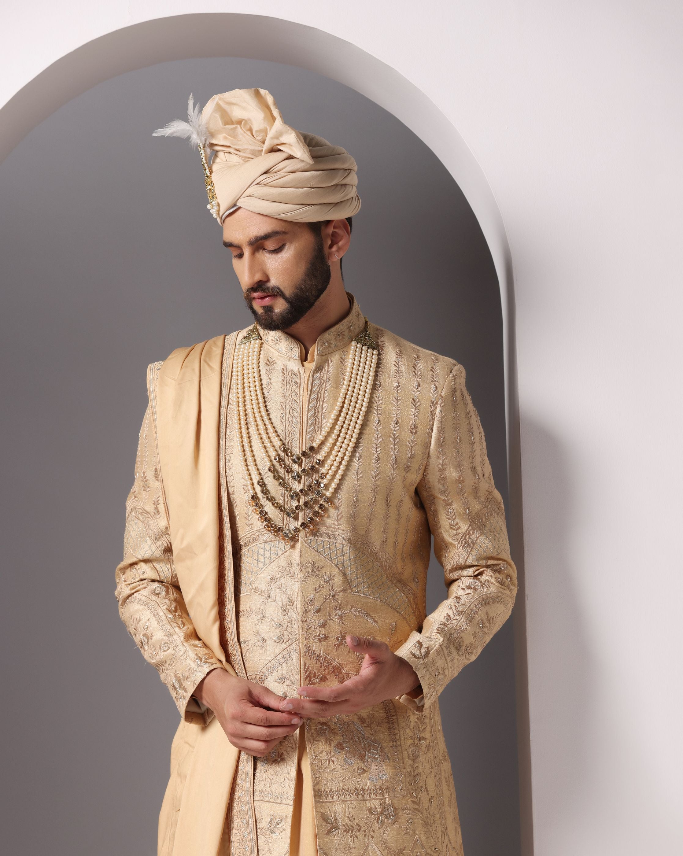 Golden Elegance: Embroidered Sherwani with Gold Anarkali Kurta