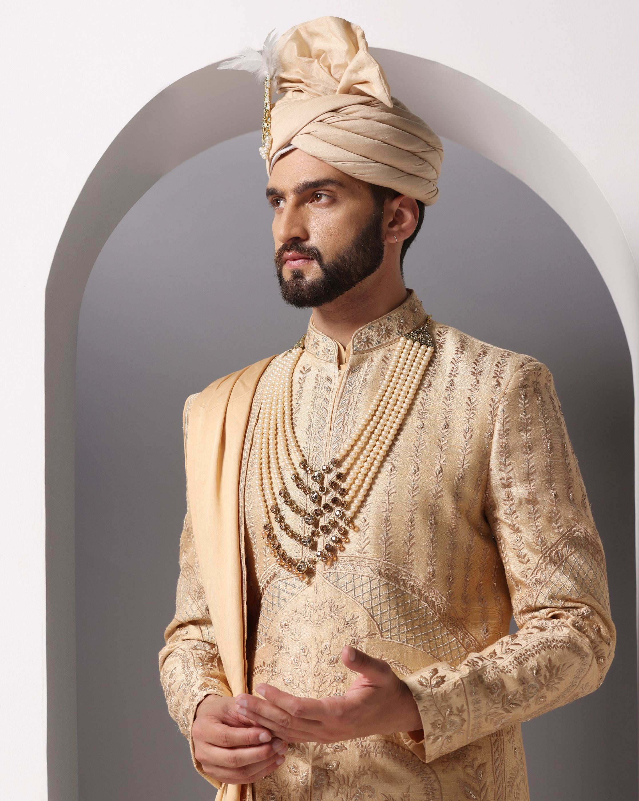 Golden Elegance: Embroidered Sherwani with Gold Anarkali Kurta