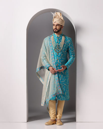 Teal Neel Vistaar all-over Zari thread embroidered sherwani | Bhavya Bhasin Couture